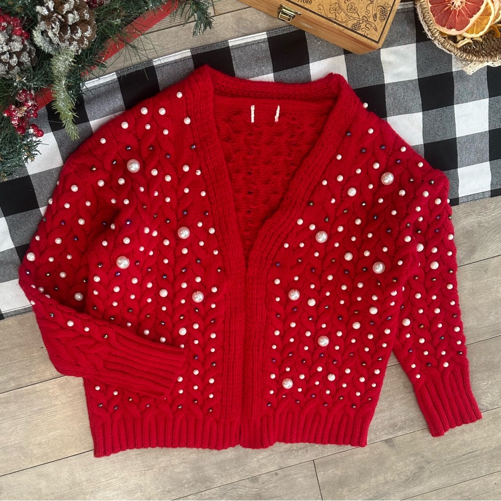 New BiBi Luxury Pearl & Rhinestone Chunky Knit Holiday Cardigan Grannycore Small - Picture 14 of 16
